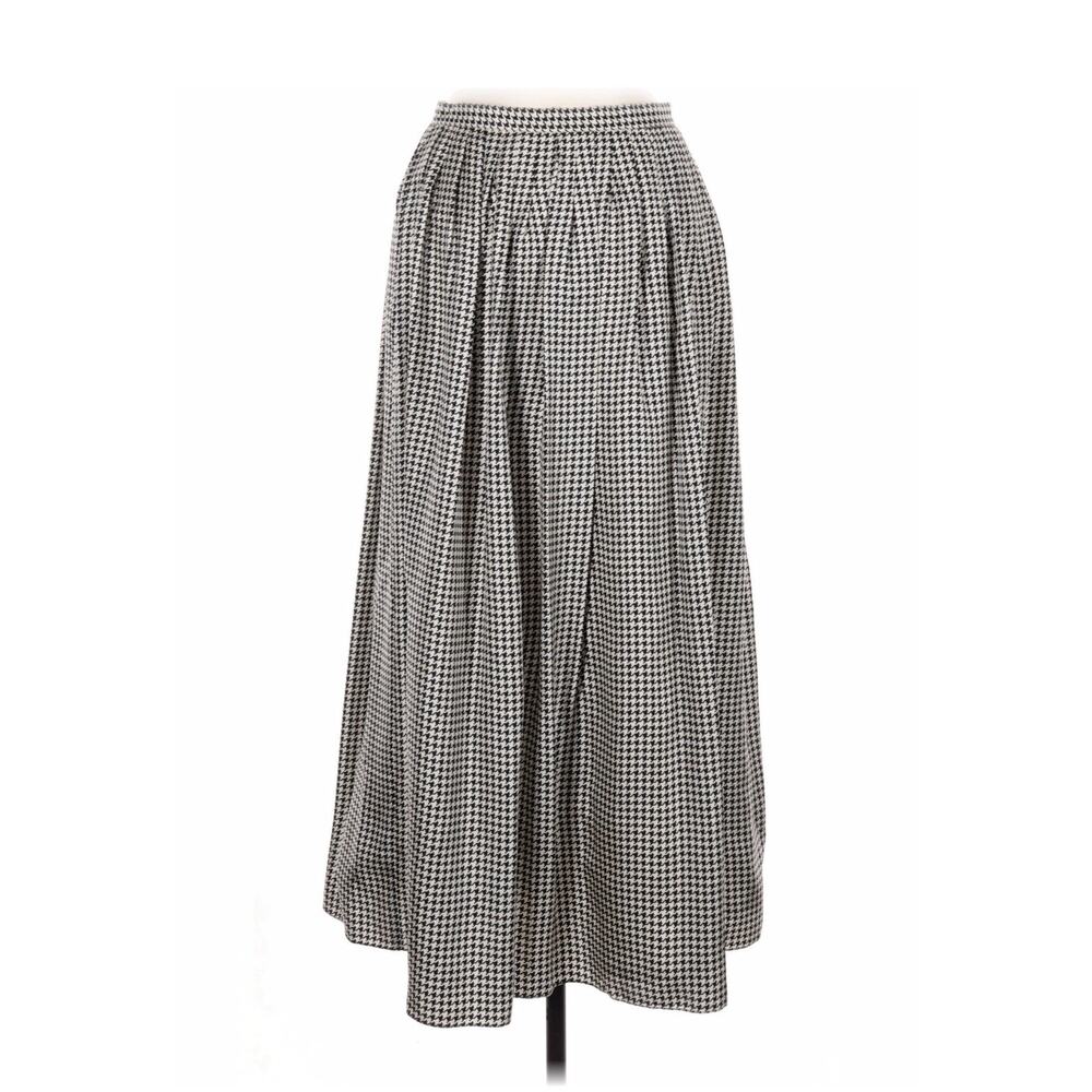VTG Ralph Lauren Houndstooth Black White Silk Midi Skirt Lined 8